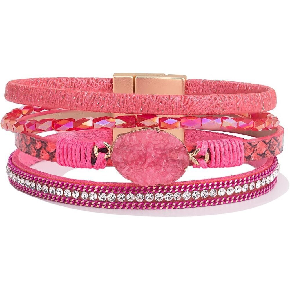 Leather Wrap Bracelet Boho Cuff 7.7 in Crystal Beads Magnetic Clasp Jewelry
